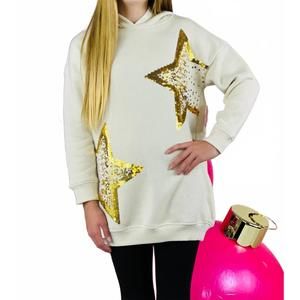 NEW PAPER FLOWER girl's star sequin tunic hoodie in beige/gold